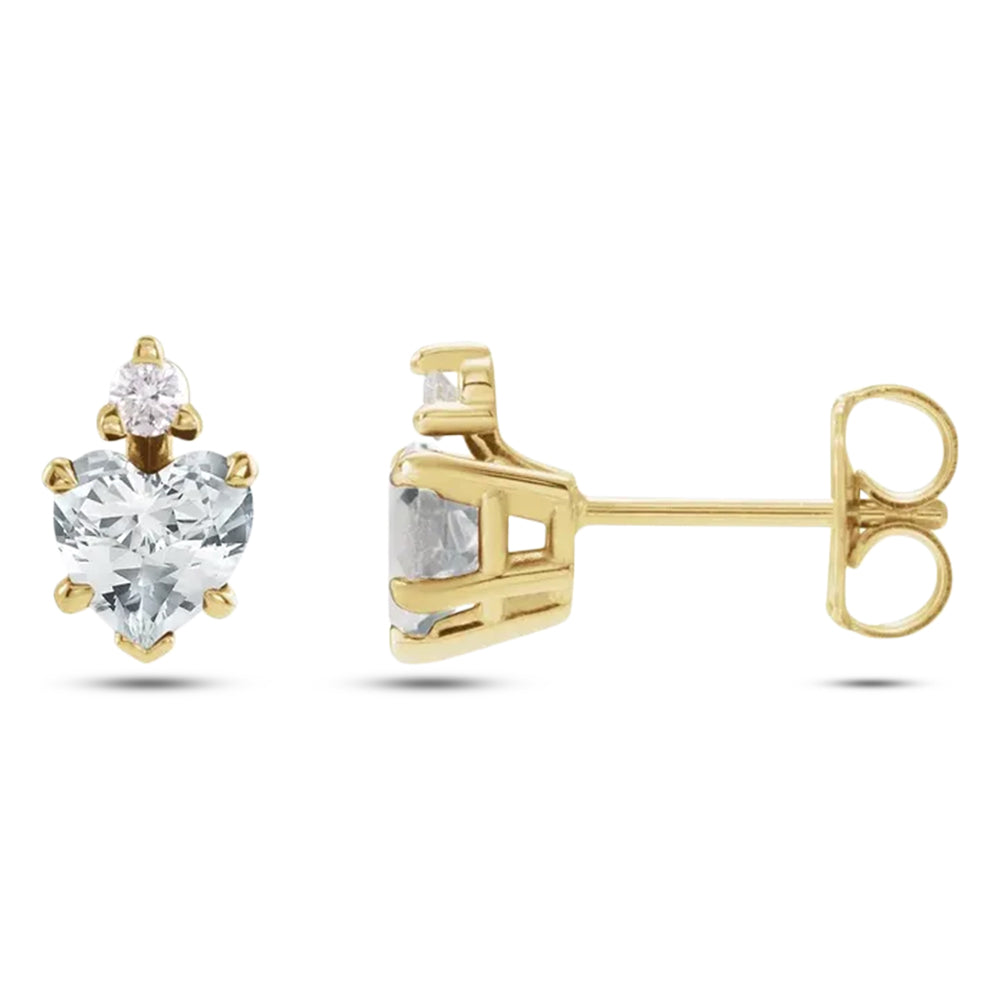 Heart Natural White Sapphire & Natural Diamond Stud Earrings 14K Yellow Gold (0.61ct)