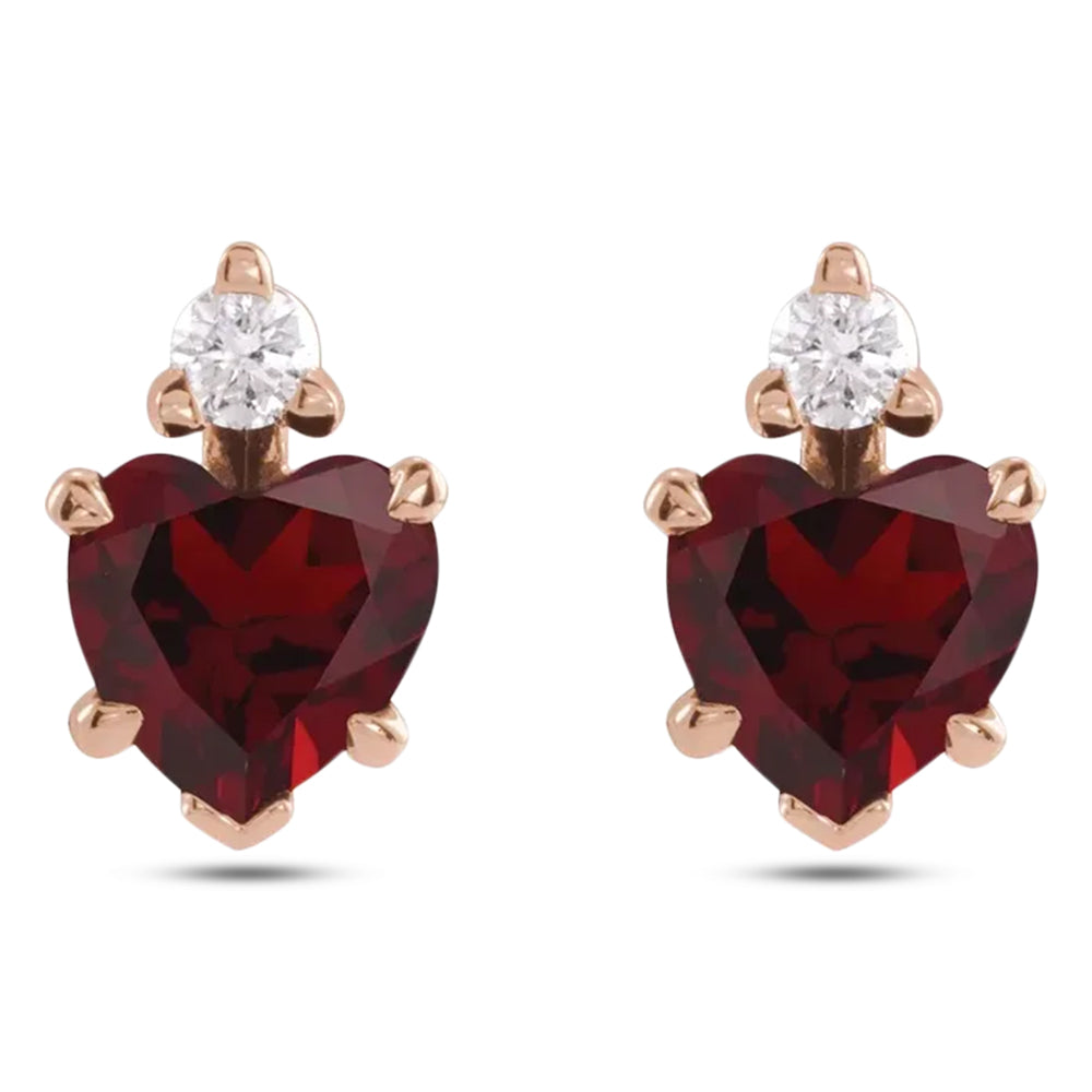 Heart Natural Mozambique Garnet & Natural Diamond Stud Earrings 14K Rose Gold (0.66ct)