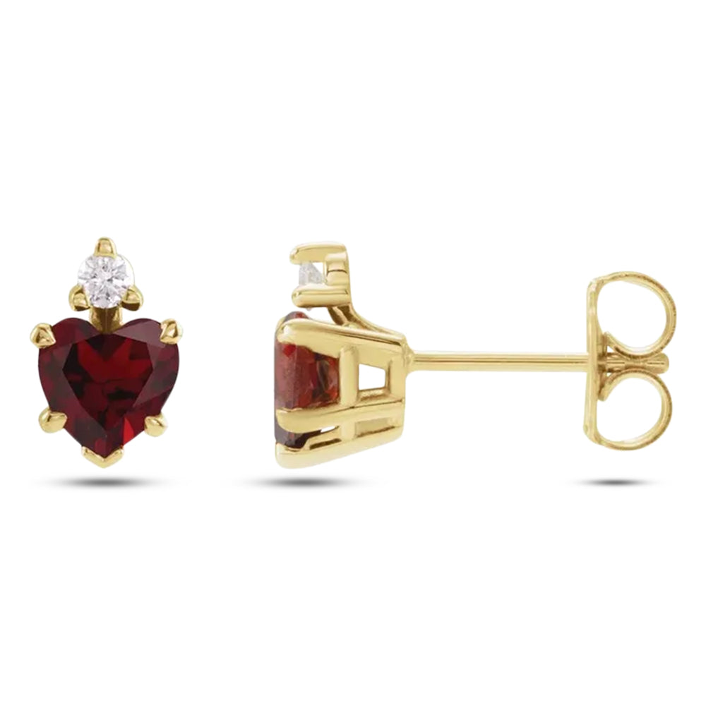 Heart Natural Mozambique Garnet & Natural Diamond Stud Earrings 14K Yellow Gold (0.66ct)