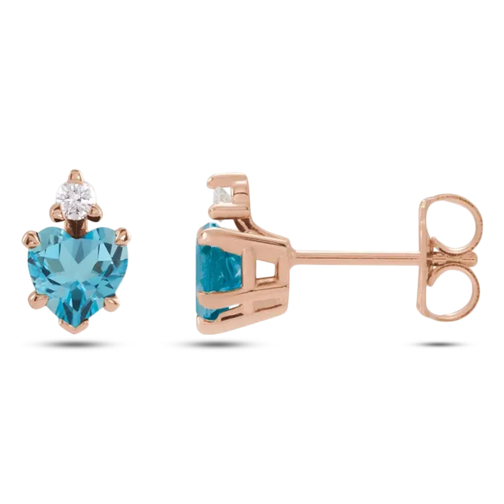 Heart Natural London Blue Topaz & Natural Diamond Stud Earrings 14K Rose Gold (0.63ct)