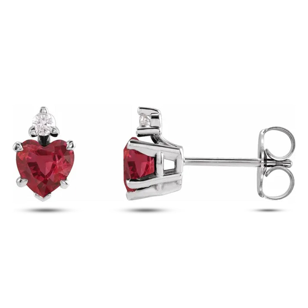 Heart Lab Grown Ruby & Natural Diamond Stud Earrings 14K White Gold (0.62ct)