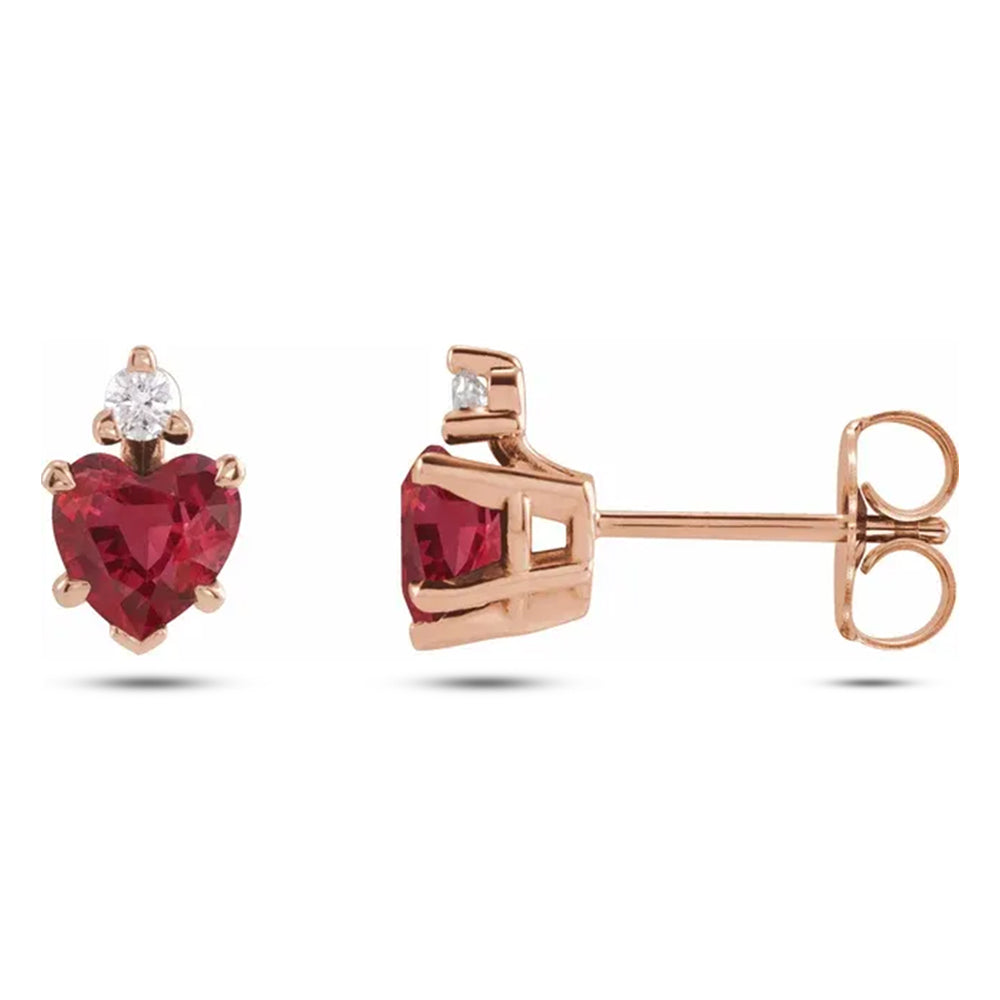 Heart Lab Grown Ruby & Natural Diamond Stud Earrings 14K Rose Gold (0.62ct)
