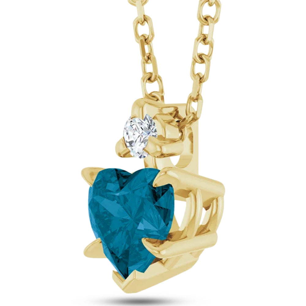 Heart Natural London Blue Topaz & Natural Diamond Pendant Necklace 14K Yellow Gold (0.60ct)