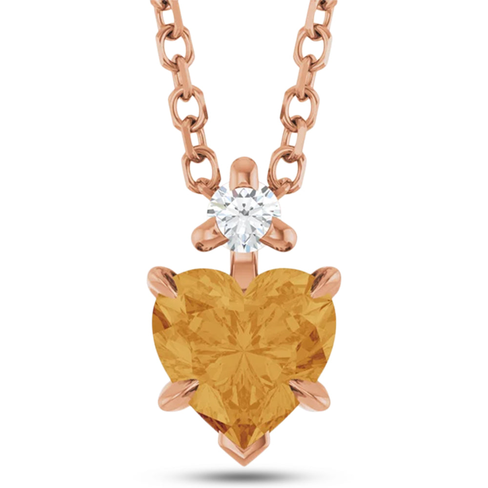 Heart Natural Citrine & Natural Diamond Pendant Necklace 14K Rose Gold (0.45ct)