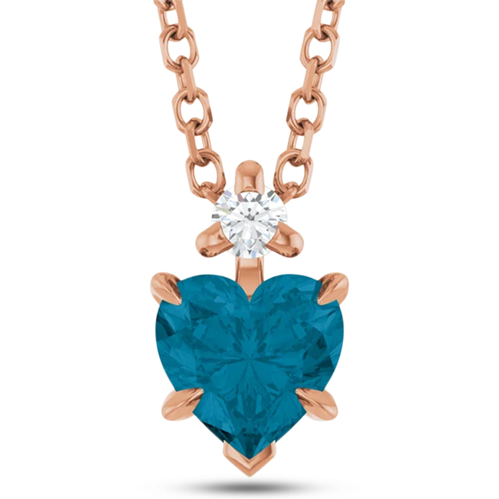 Heart Natural London Blue Topaz & Natural Diamond Pendant Necklace 14K Rose Gold (0.60ct)