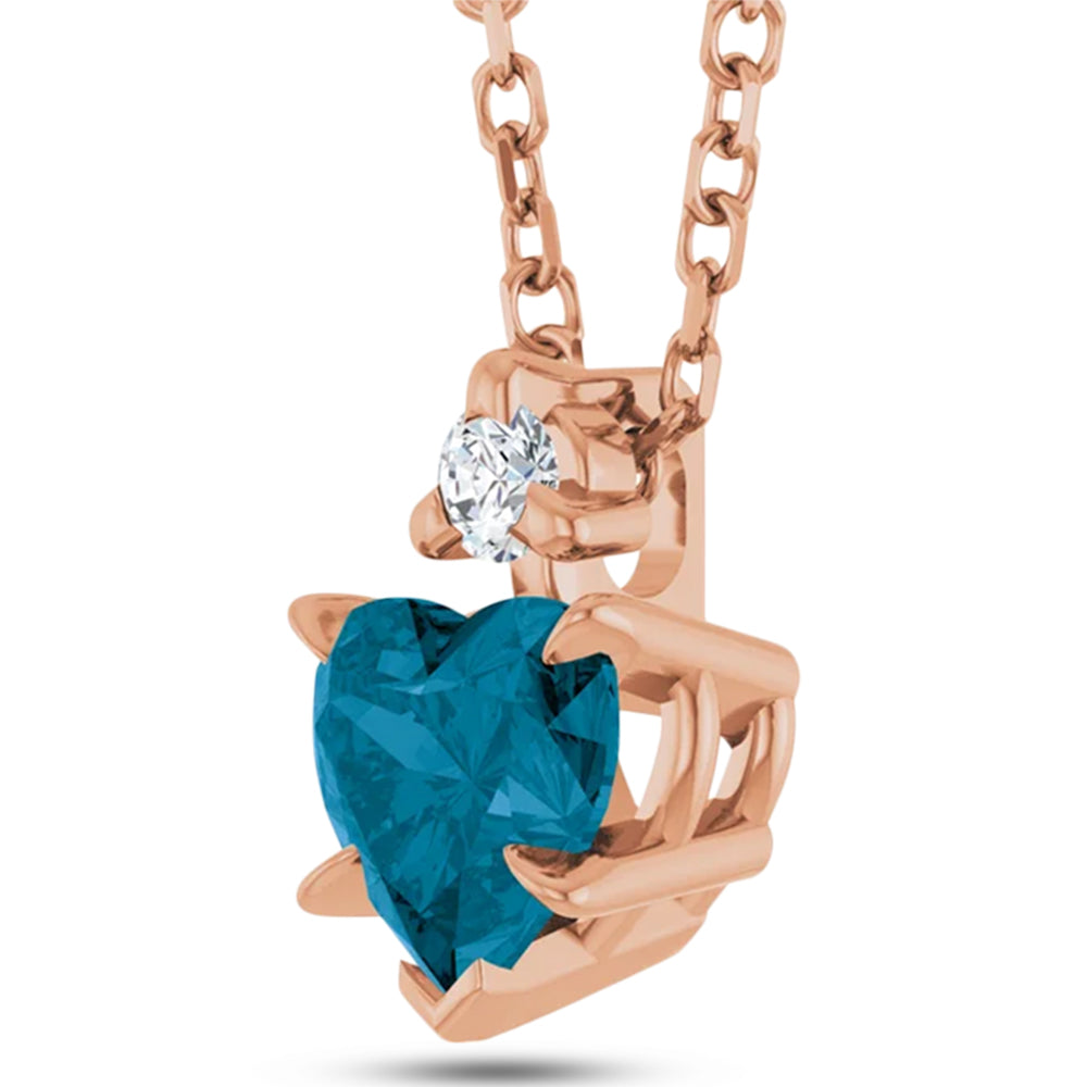 Heart Natural London Blue Topaz & Natural Diamond Pendant Necklace 14K Rose Gold (0.60ct)