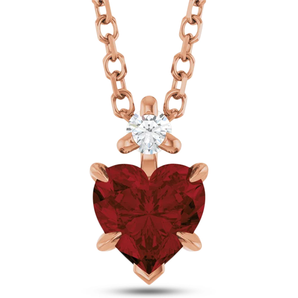 Heart Natural Mozambique Garnet & Natural Diamond Pendant Necklace 14K Rose Gold (0.63ct)
