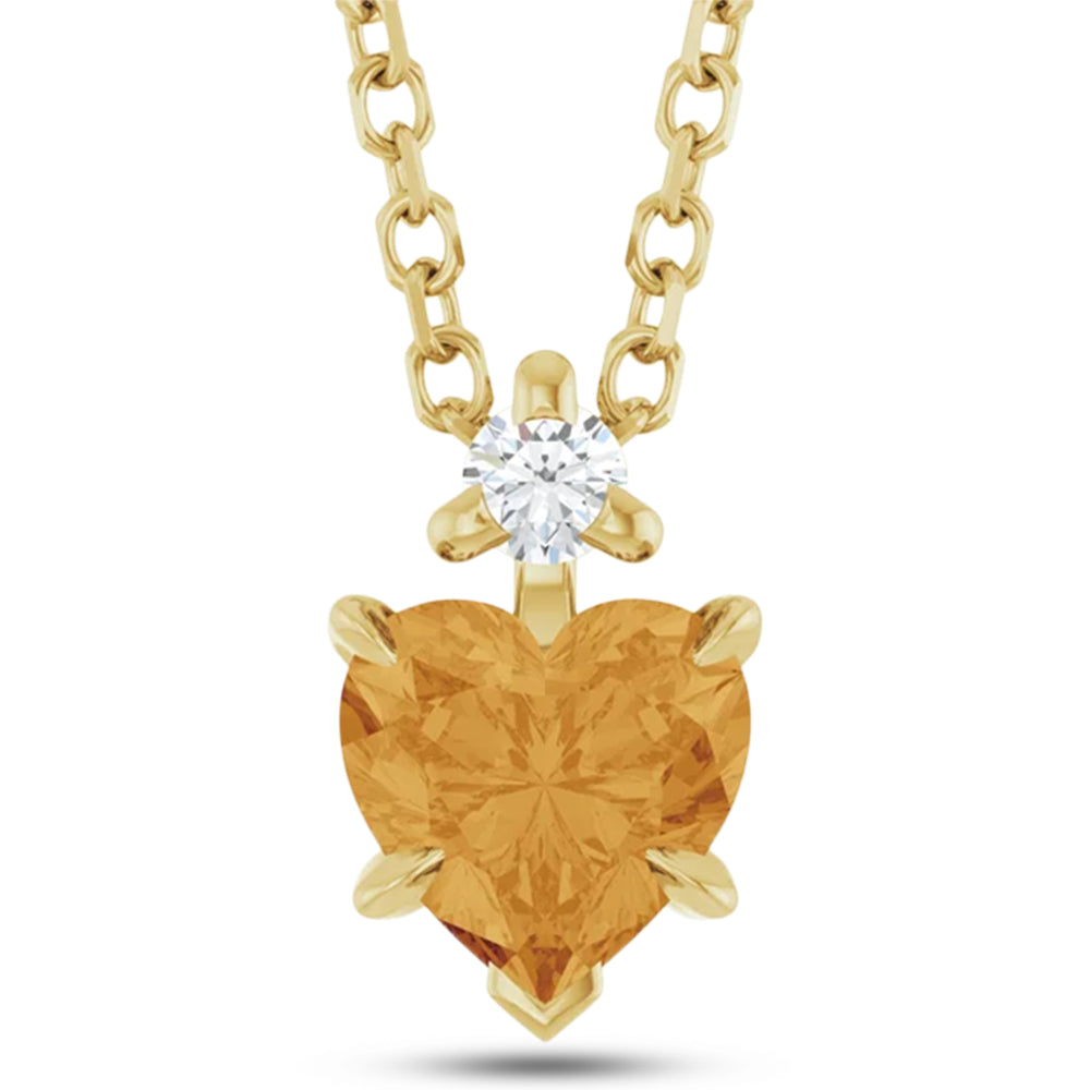 Heart Natural Citrine & Natural Diamond Pendant Necklace 14K Yellow Gold (0.45ct)