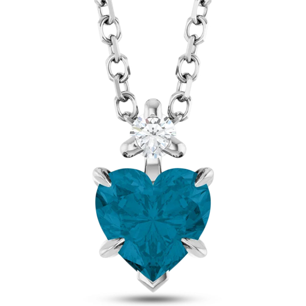 Heart Natural London Blue Topaz & Natural Diamond Pendant Necklace 14K White Gold (0.60ct)