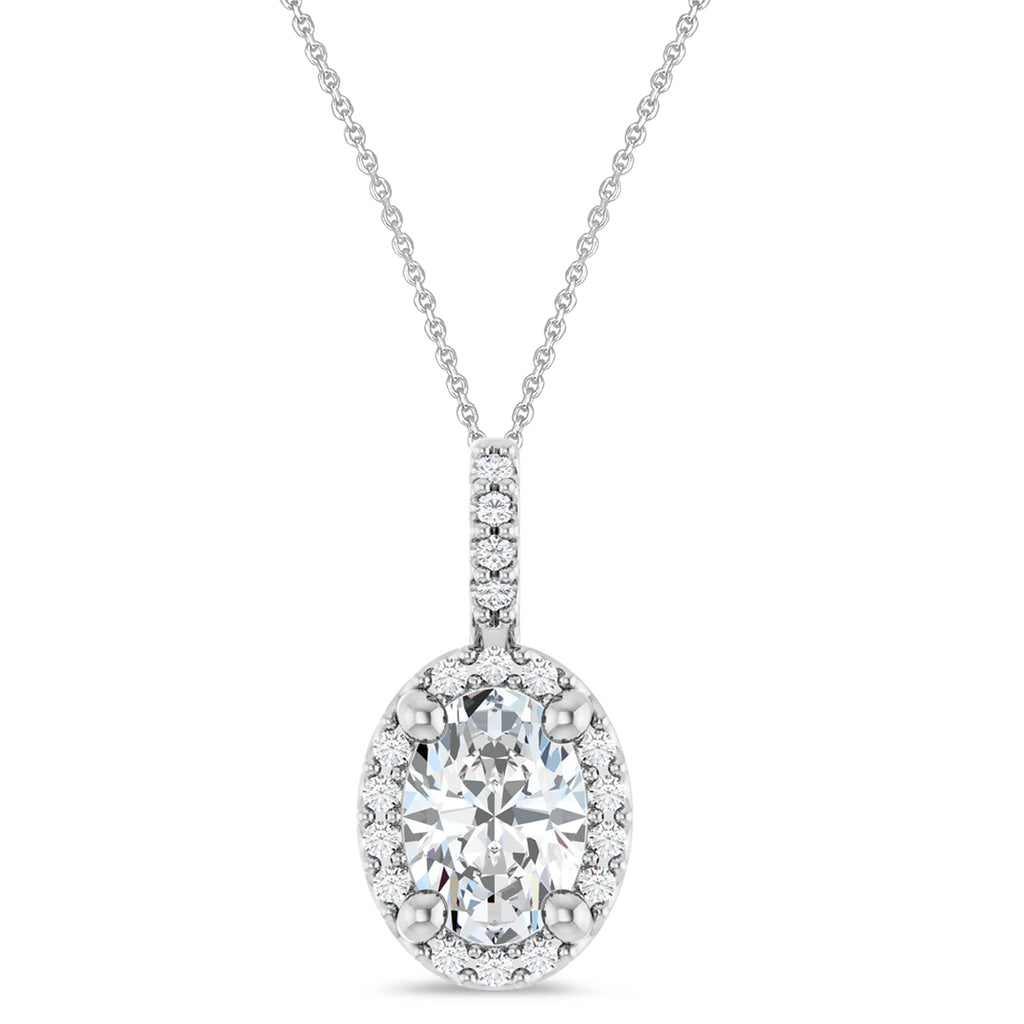 Oval Lab Grown Moissanite & Diamond Halo Pendant Necklace 14K White Gold (1.07ct)