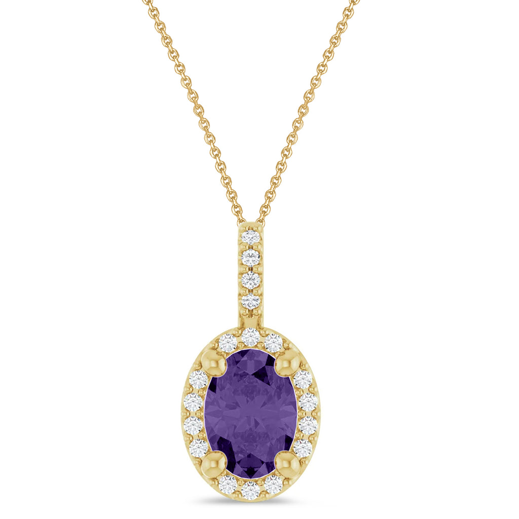 Oval Lab  Amethyst & Diamond Halo Pendant Necklace 14K Yellow Gold (0.77ct)