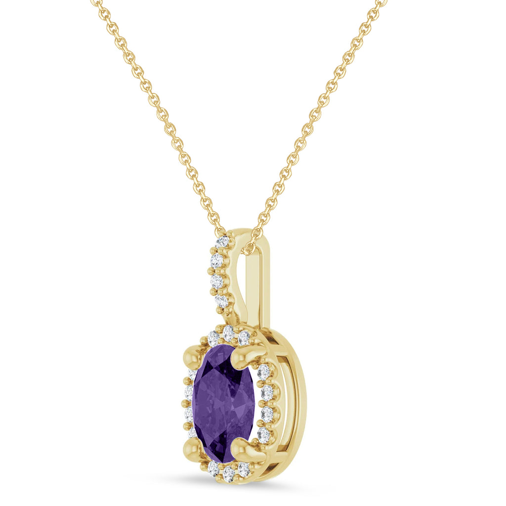 Oval Lab  Amethyst & Diamond Halo Pendant Necklace 14K Yellow Gold (0.77ct)