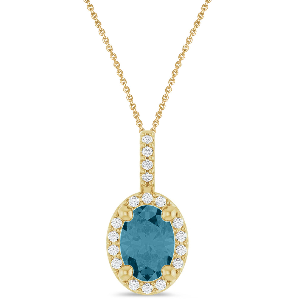 Oval Lab  Aquamarine & Diamond Halo Pendant Necklace 14K Yellow Gold (0.78ct)