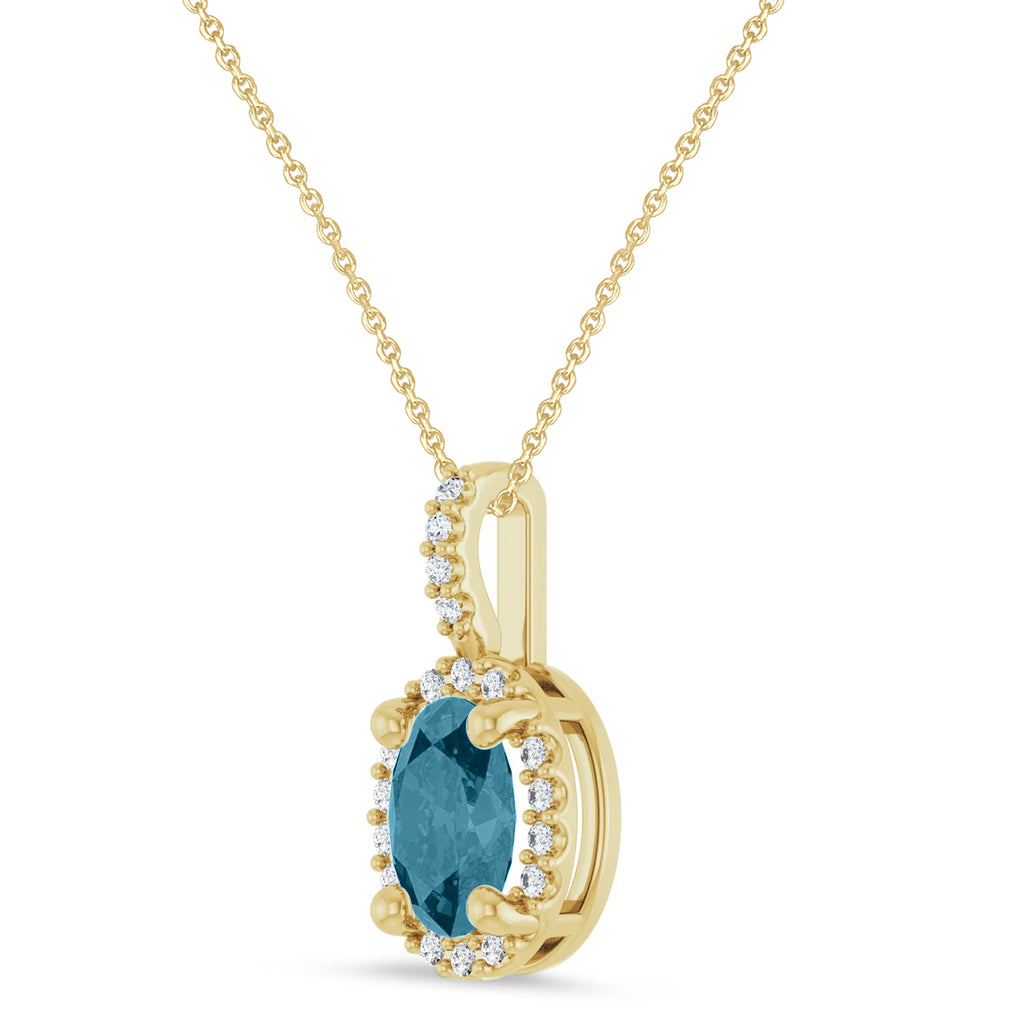Oval Lab  Aquamarine & Diamond Halo Pendant Necklace 14K Yellow Gold (0.78ct)