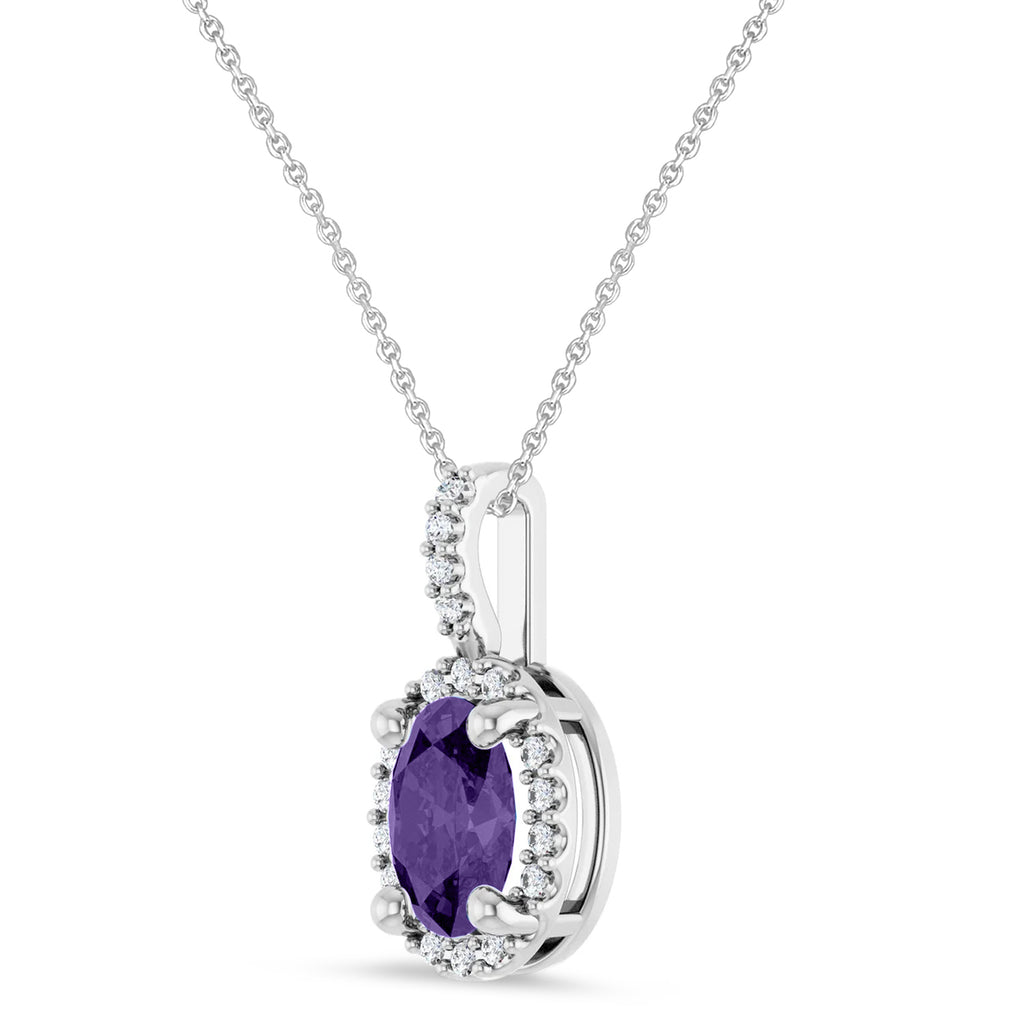 Oval Lab Amethyst & Diamond Halo Pendant Necklace 14K White Gold (0.77ct)