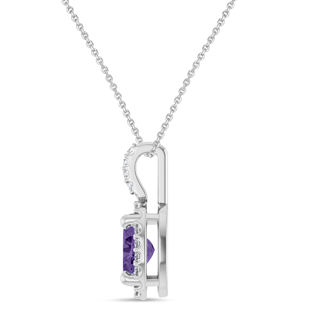 Oval Lab Amethyst & Diamond Halo Pendant Necklace 14K White Gold (0.77ct)