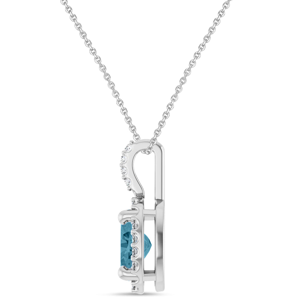 Oval Lab  Aquamarine & Diamond Halo Pendant Necklace 14K White Gold (0.78ct)