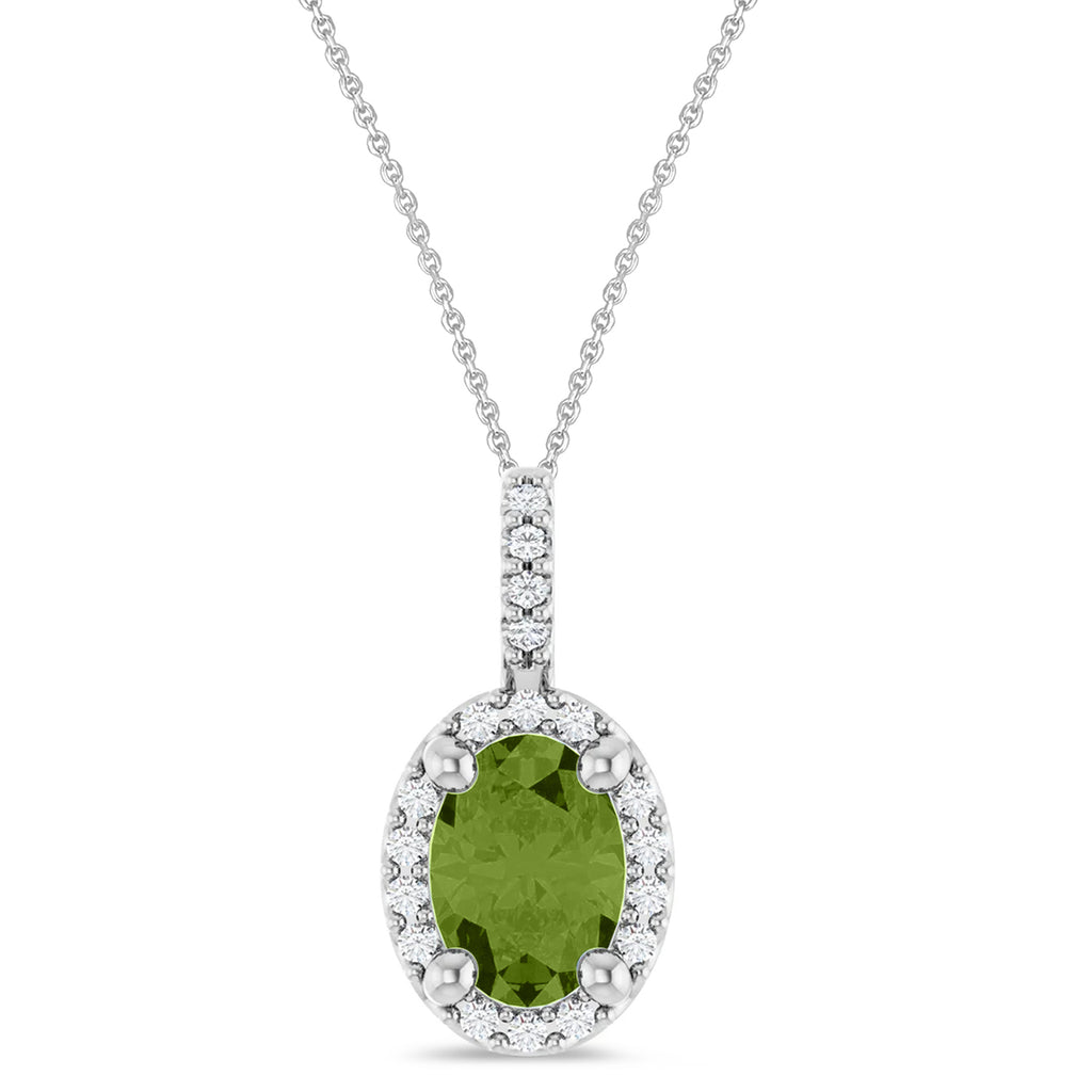 Oval Lab  Peridot & Diamond Halo Pendant Necklace 14K White Gold (0.95ct)