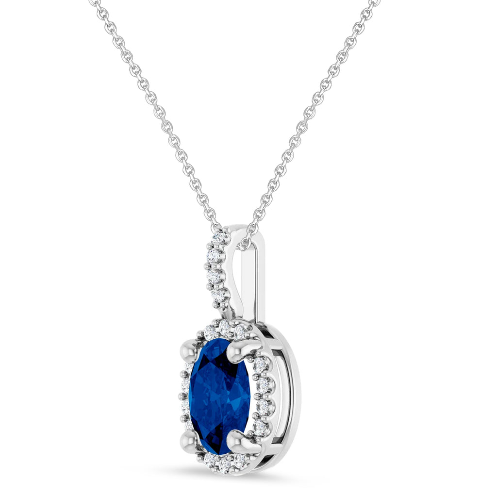 Oval Lab Grown Blue Sapphire & Diamond Halo Pendant Necklace 14K White Gold (1.13ct)