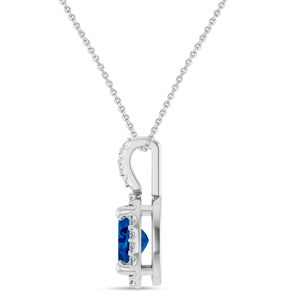Oval Lab Grown Blue Sapphire & Diamond Halo Pendant Necklace 14K White Gold (1.13ct)