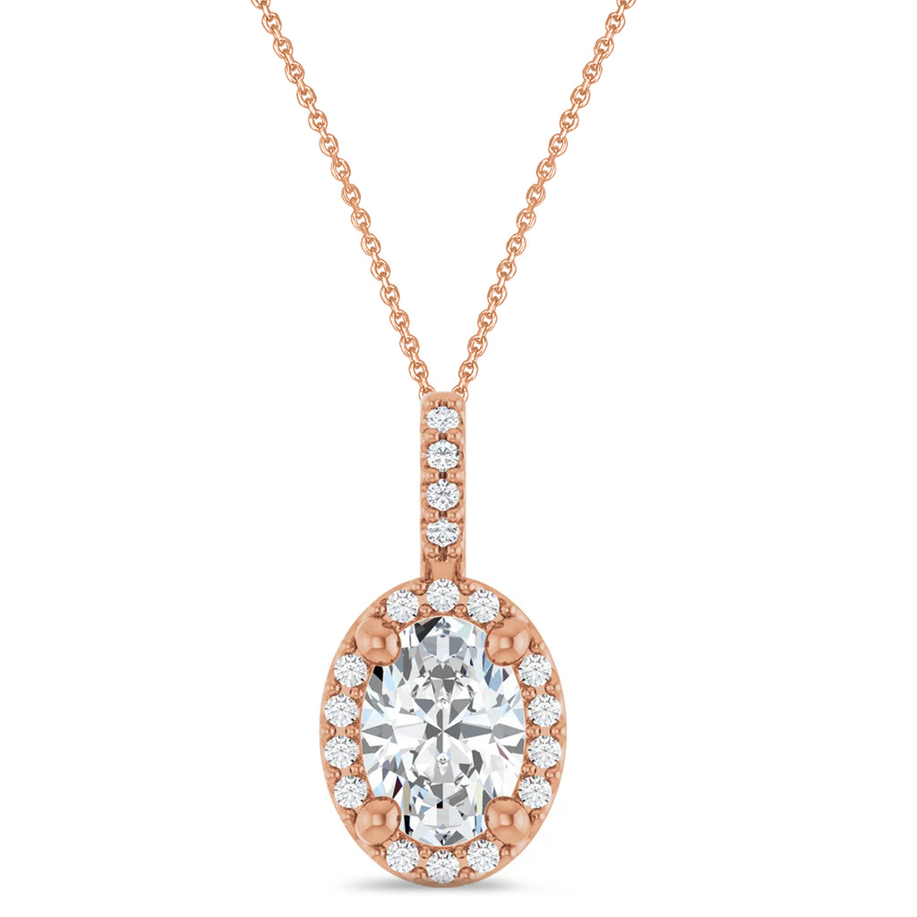 Oval Lab Grown Moissanite & Diamond Halo Pendant Necklace 14K Rose Gold (1.07ct)