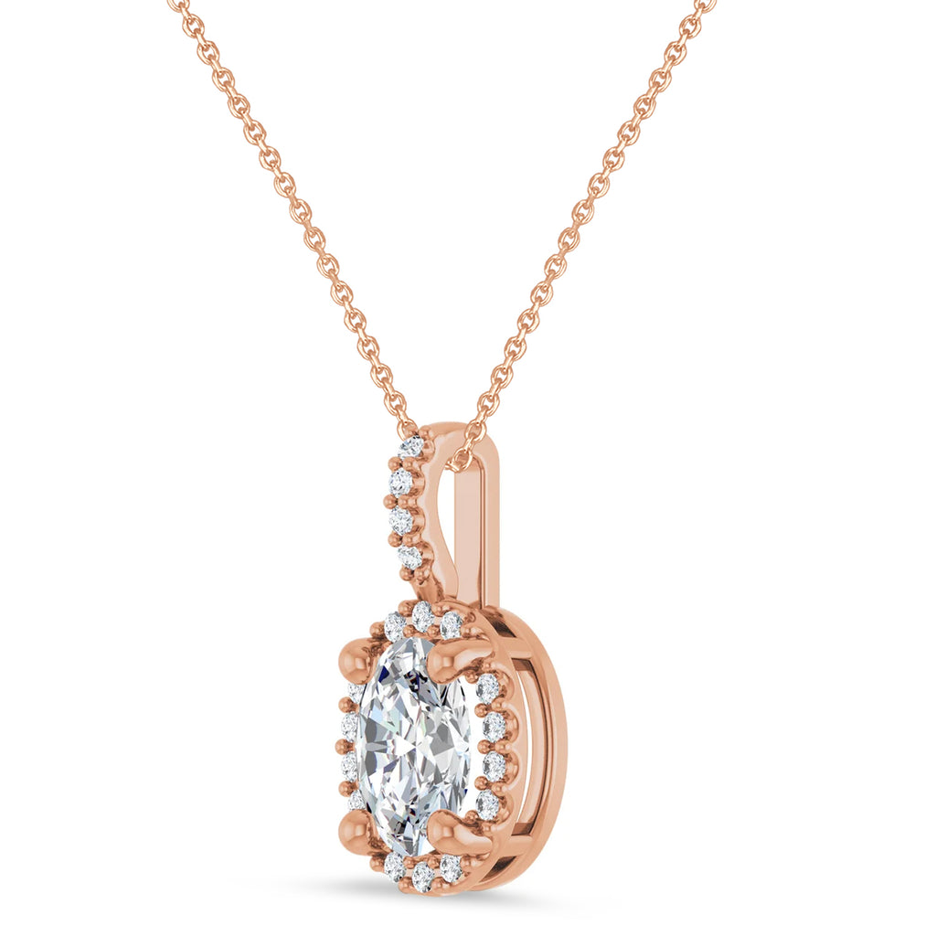 Oval Lab Grown Moissanite & Diamond Halo Pendant Necklace 14K Rose Gold (1.07ct)