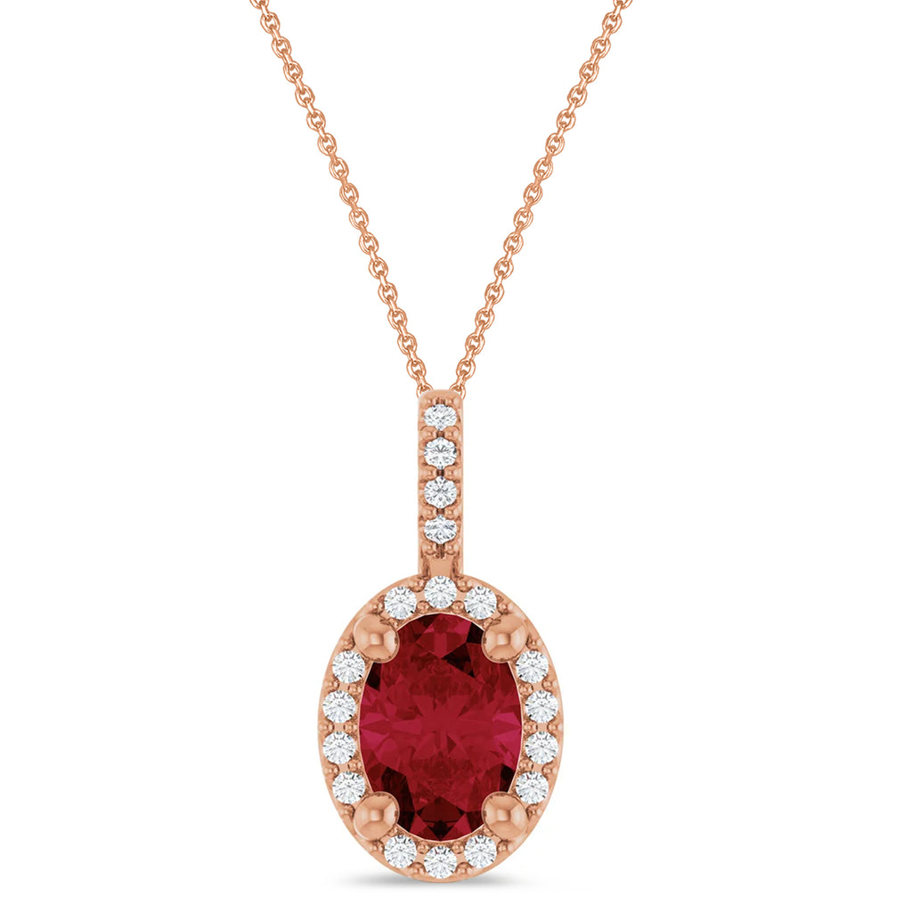 Oval Lab Grown Ruby & Diamond Halo Pendant Necklace 14K Rose Gold (1.08ct)