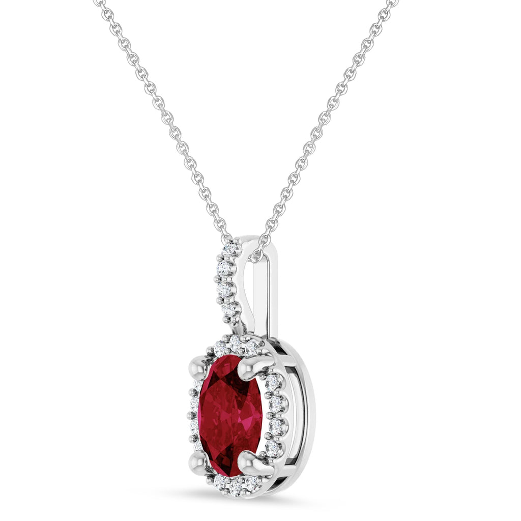 Oval Lab Grown Ruby & Diamond Halo Pendant Necklace 14K White Gold (1.08ct)