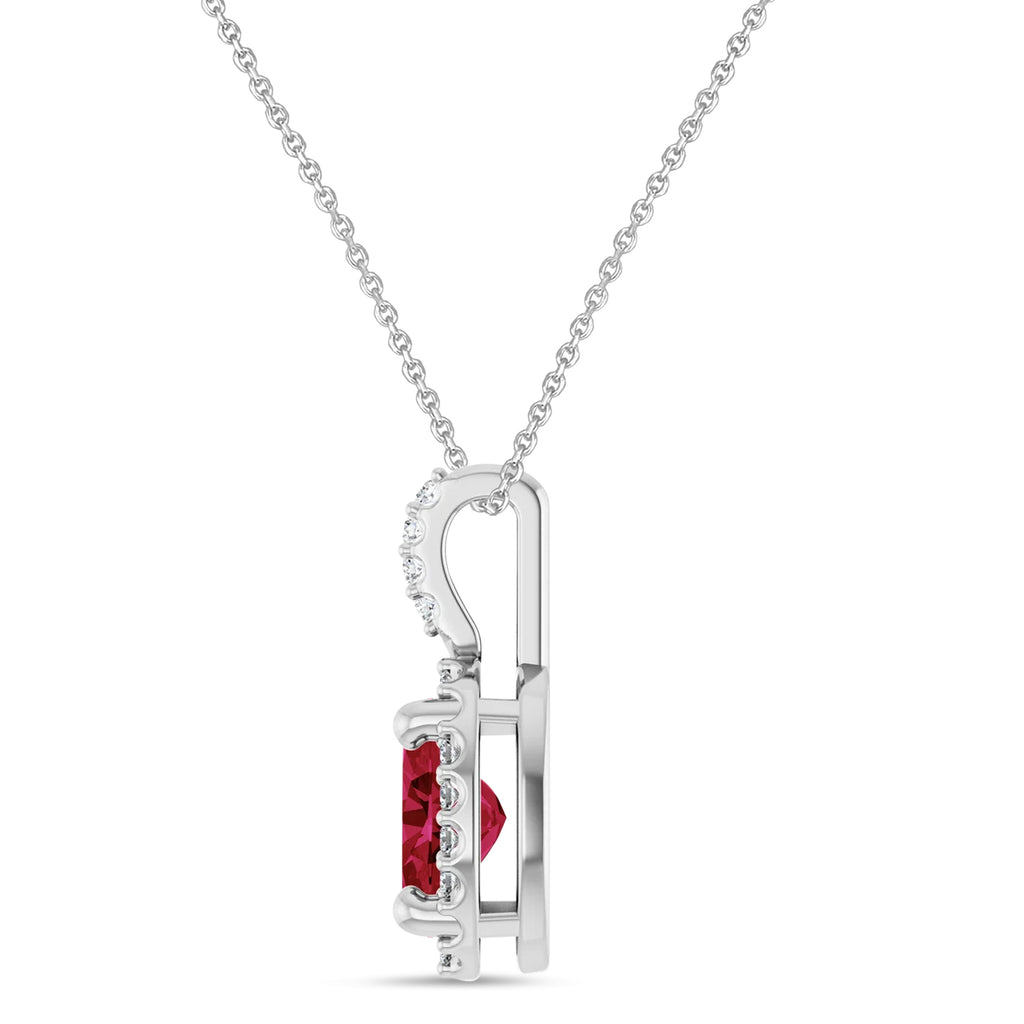 Oval Lab Grown Ruby & Diamond Halo Pendant Necklace 14K White Gold (1.08ct)
