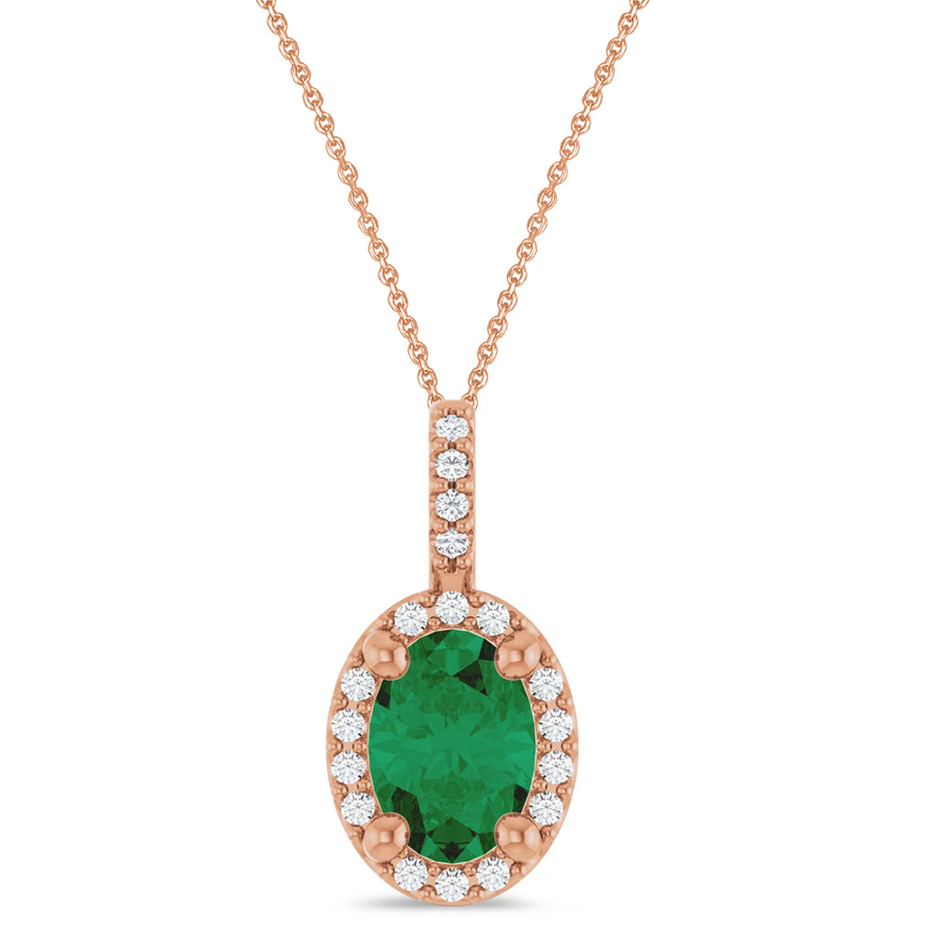Oval Lab Grown Emerald & Diamond Halo Pendant Necklace 14K Rose Gold (0.76ct)