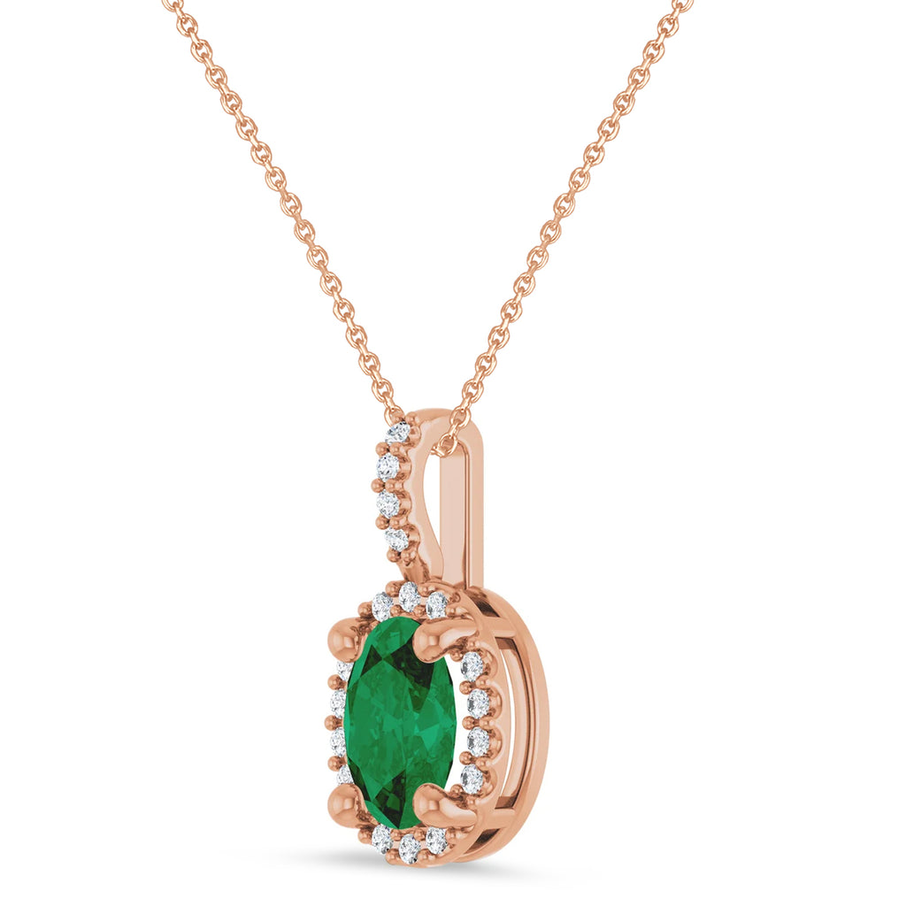 Oval Lab Grown Emerald & Diamond Halo Pendant Necklace 14K Rose Gold (0.76ct)