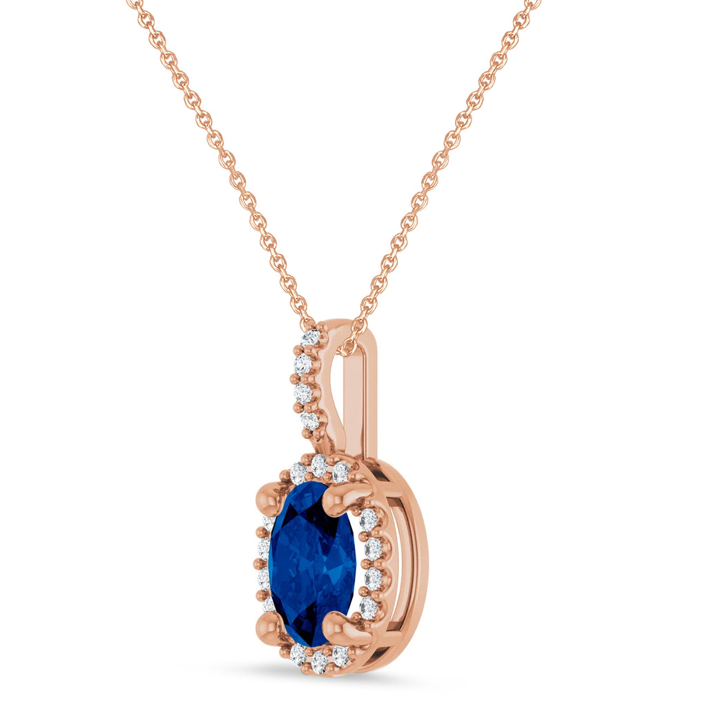 Oval Lab Grown Blue Sapphire & Diamond Halo Pendant Necklace 14K Rose Gold (1.13ct)