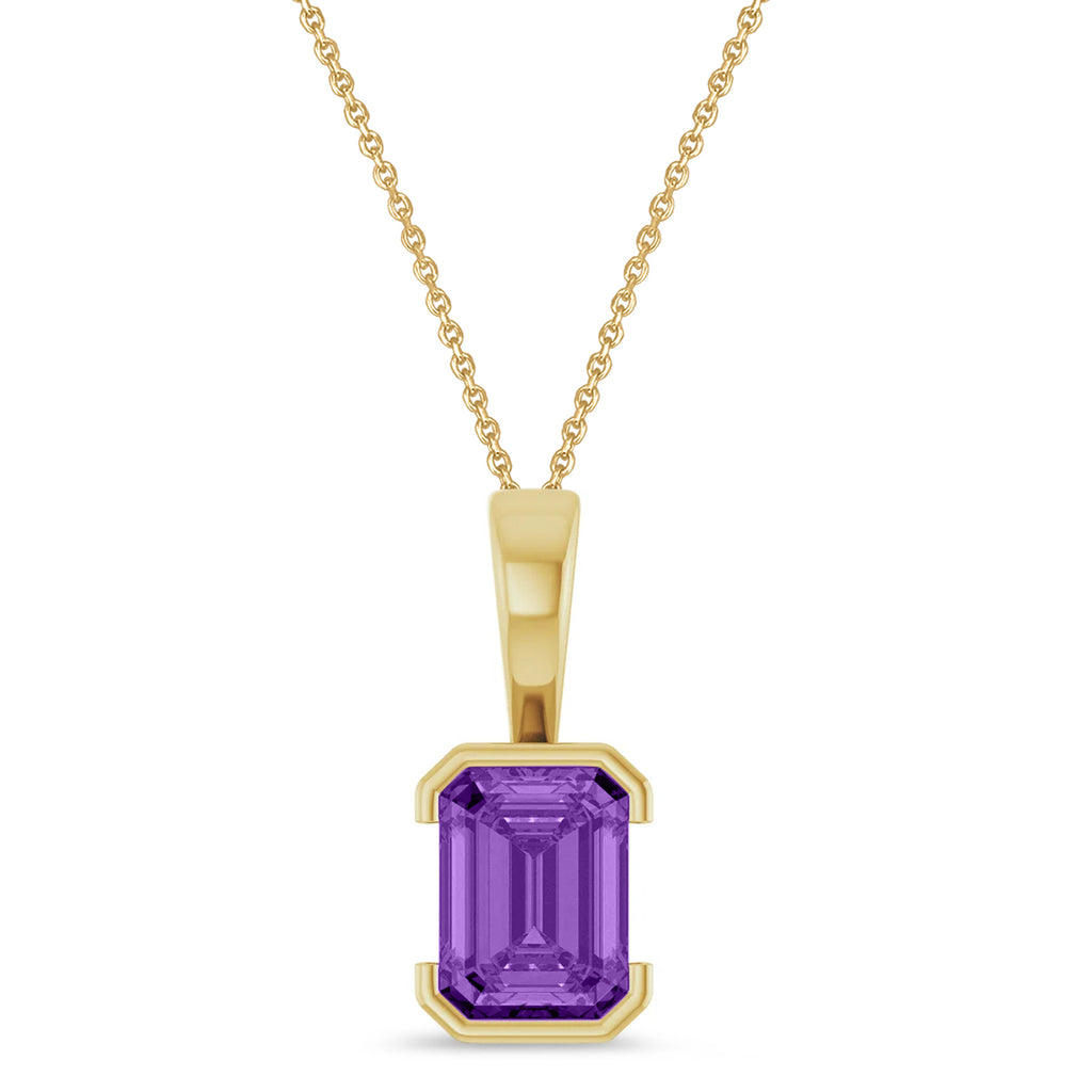 Emerald Cut Lab Amethyst Pendant Necklace 14K Yellow Gold (1.30ct)