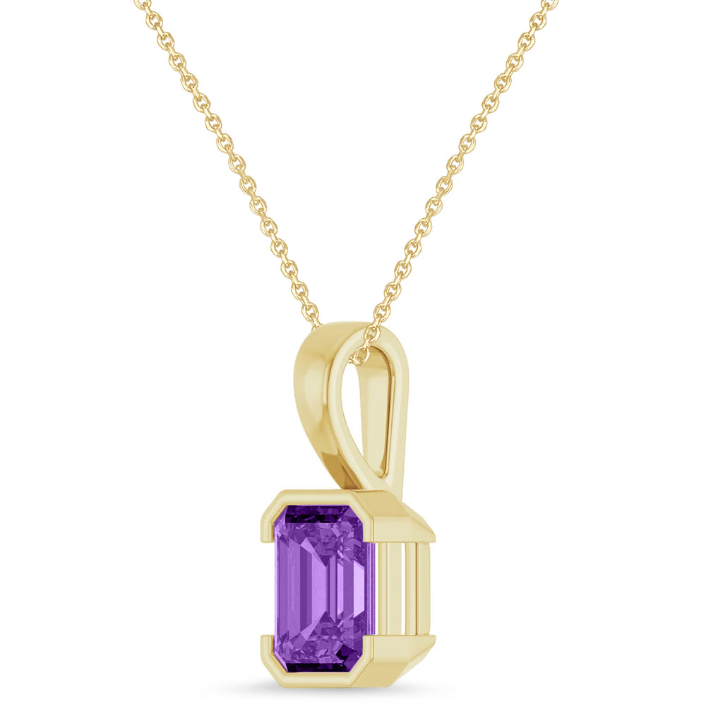 Emerald Cut Lab Amethyst Pendant Necklace 14K Yellow Gold (1.30ct)