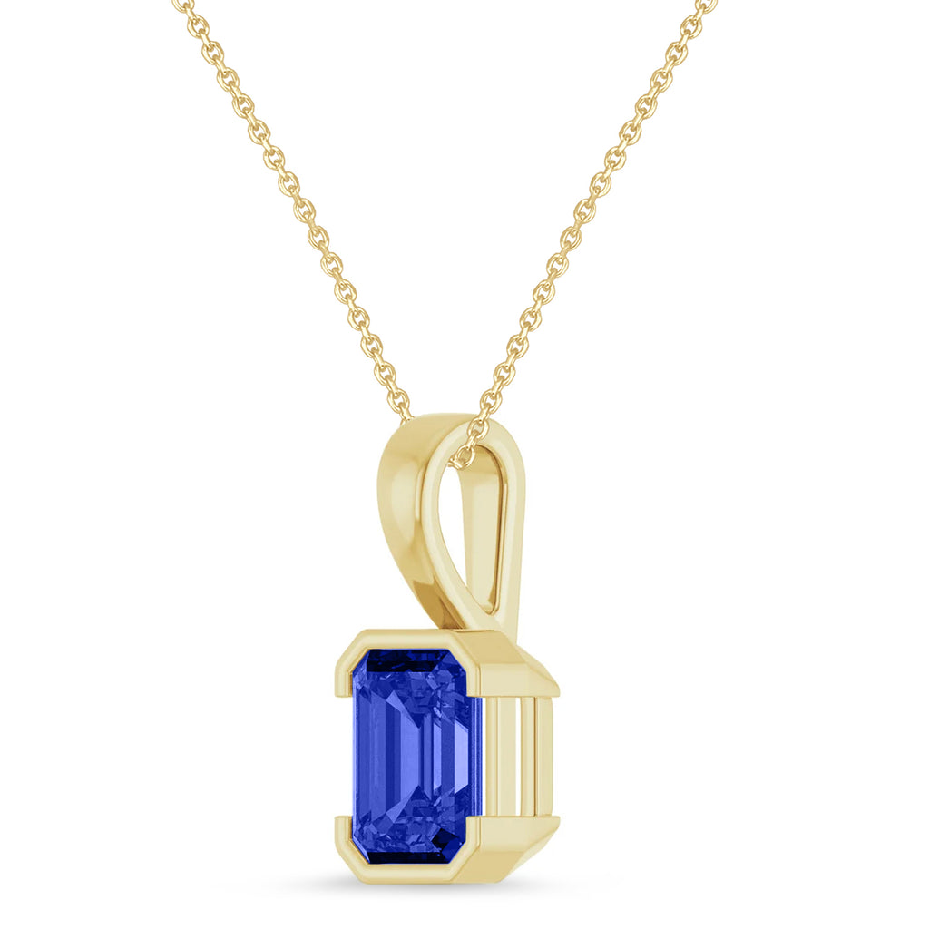 Emerald Cut Lab  Blue Sapphire Pendant Necklace 14K Yellow Gold (2.00ct)
