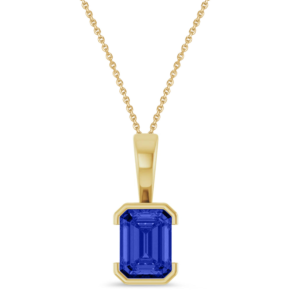 Emerald Cut Lab  Blue Sapphire Pendant Necklace 14K Yellow Gold (2.00ct)