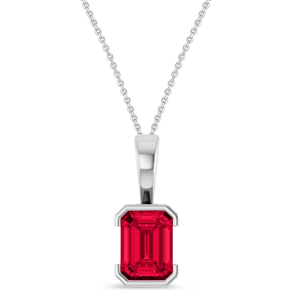 Emerald Cut Lab  Ruby Pendant Necklace 14K White Gold (2.00ct)