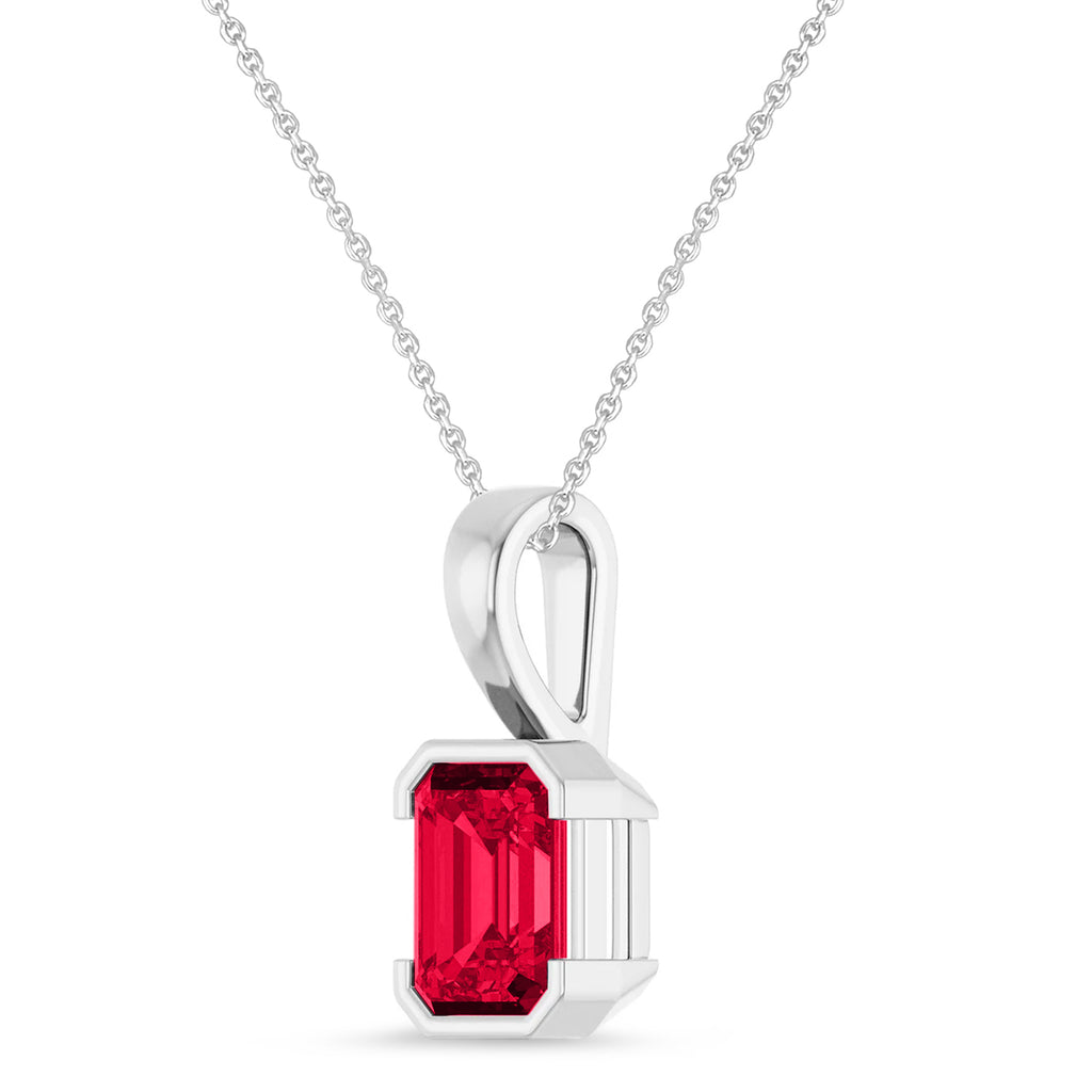 Emerald Cut Lab  Ruby Pendant Necklace 14K White Gold (2.00ct)