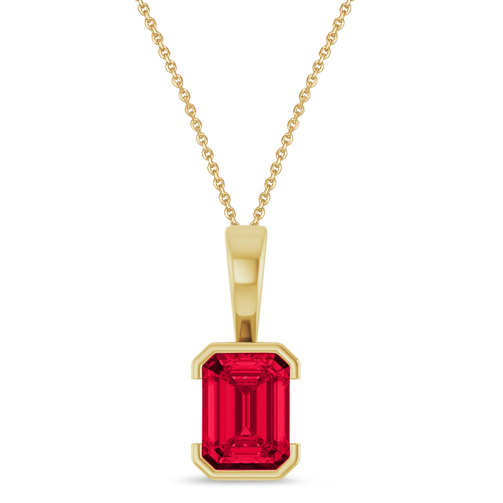 Emerald Cut Lab  Ruby Pendant Necklace 14K Yellow Gold (2.00ct)