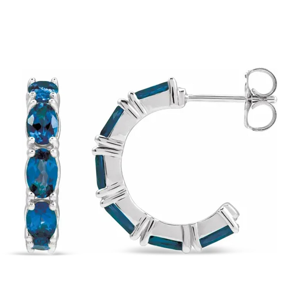 Oval Lab Grown Blue Sapphire Hoop Earrings 14K White Gold (3.36ct)