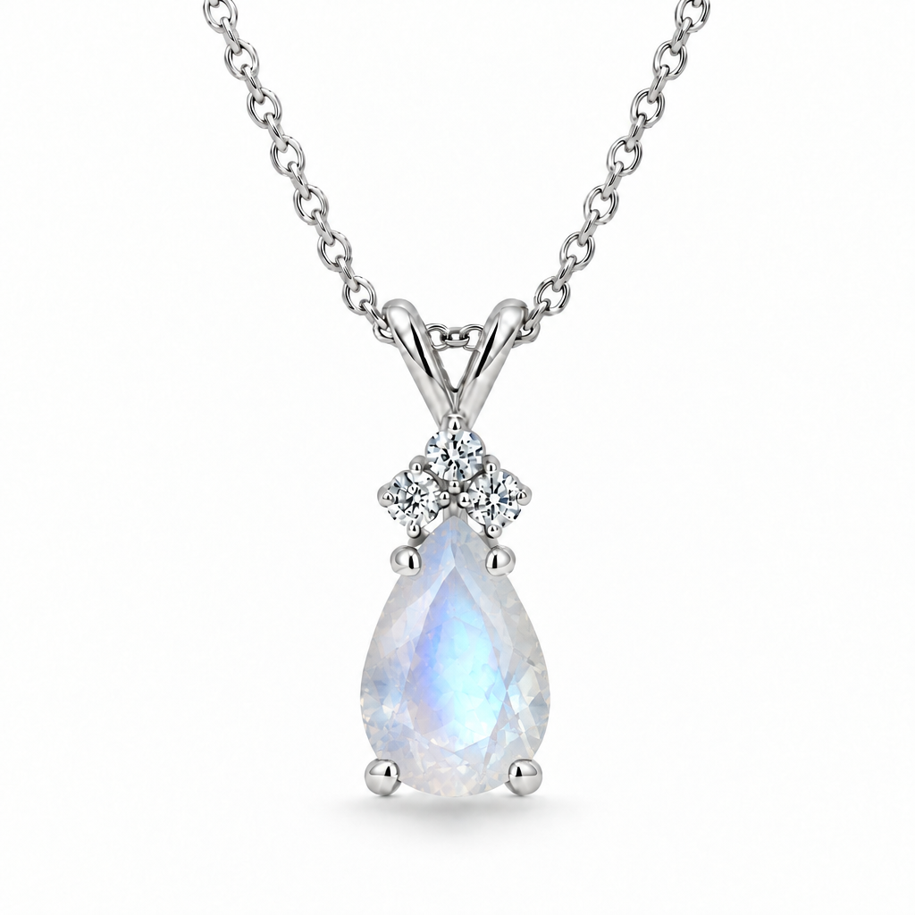 Pear Lab Moonstone & Lab Diamond Solitaire Pendant 14k White Gold (1.05ct)