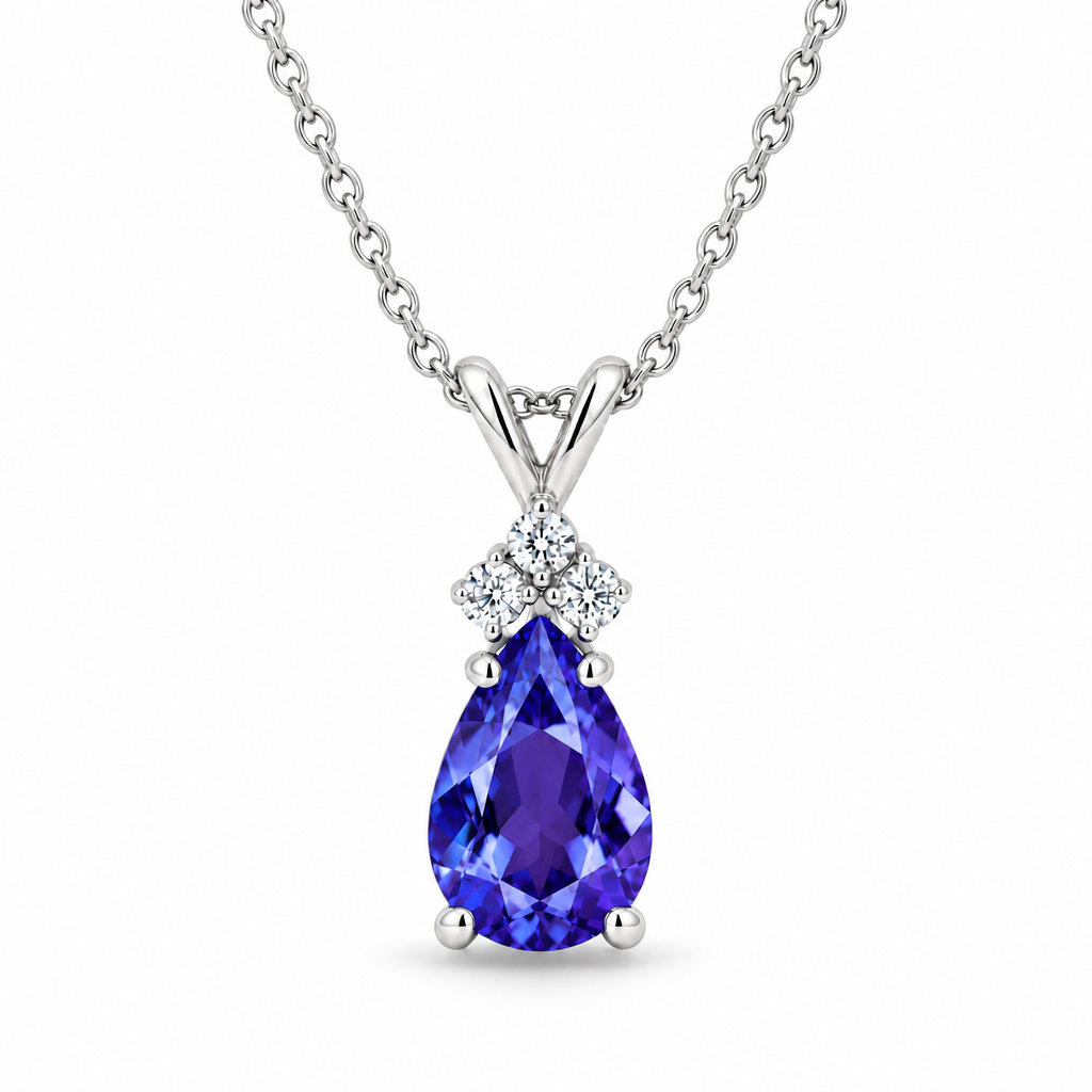 Pear Lab Tanzanite & Lab Diamond Solitaire Pendant 14k White Gold (1.05ct)