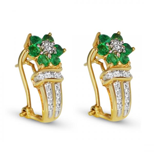 Diamond & Emerald French Clip Flower Earrings 14k Yellow Gold (0.35ct)