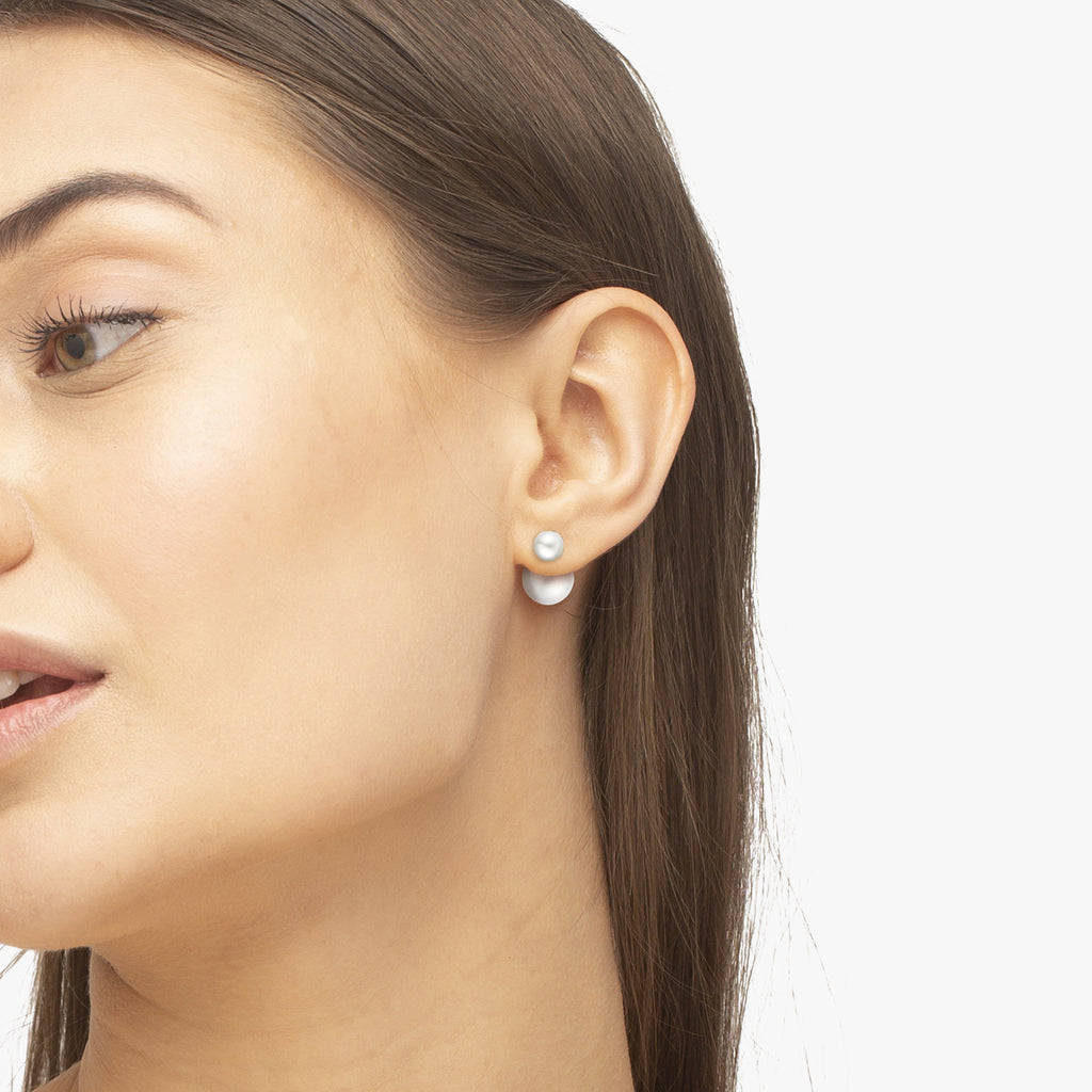 Freshwater White Round Pearl Double Pearl Studs 14k White Gold (8-11mm)