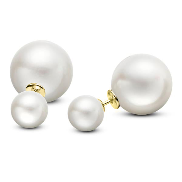Freshwater White Round Pearl Double Pearl Studs 14k Yellow  display picture 1
