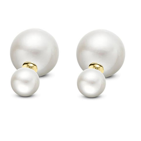 Freshwater White Round Pearl Double Pearl Studs 14k Yellow Gold (8-11mm)