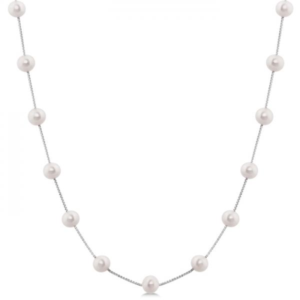 Cultured Freshwater Pearl Station Necklace 14K White Gold 5.5-6mm