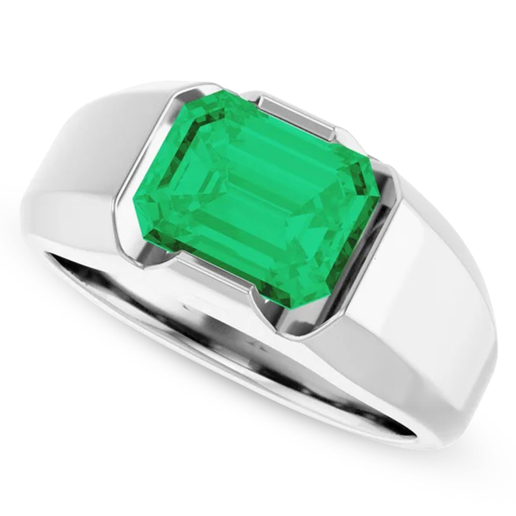 Lab Grown Emerald Cut Solitaire Men's Emerald Ring 14K White Gold (3.00ct)