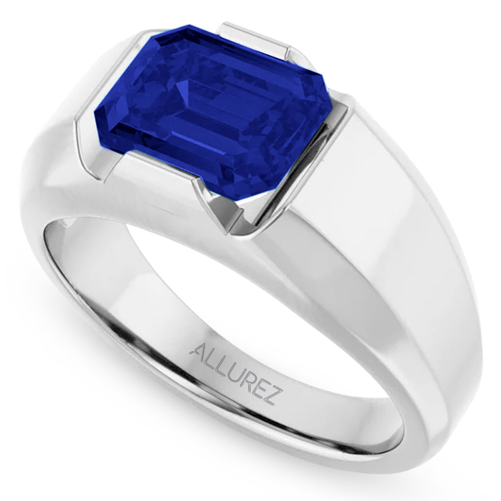 Lab Grown Emerald Cut Solitaire Men's Blue Sapphire Ring 14K White Gold (4.48ct)