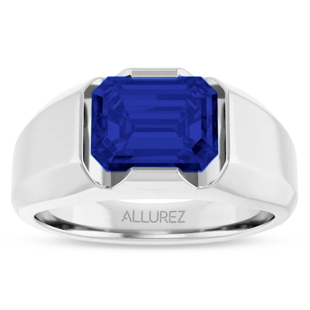 Lab Grown Emerald Cut Solitaire Men's Blue Sapphire Ring 14K White Gold (4.48ct)